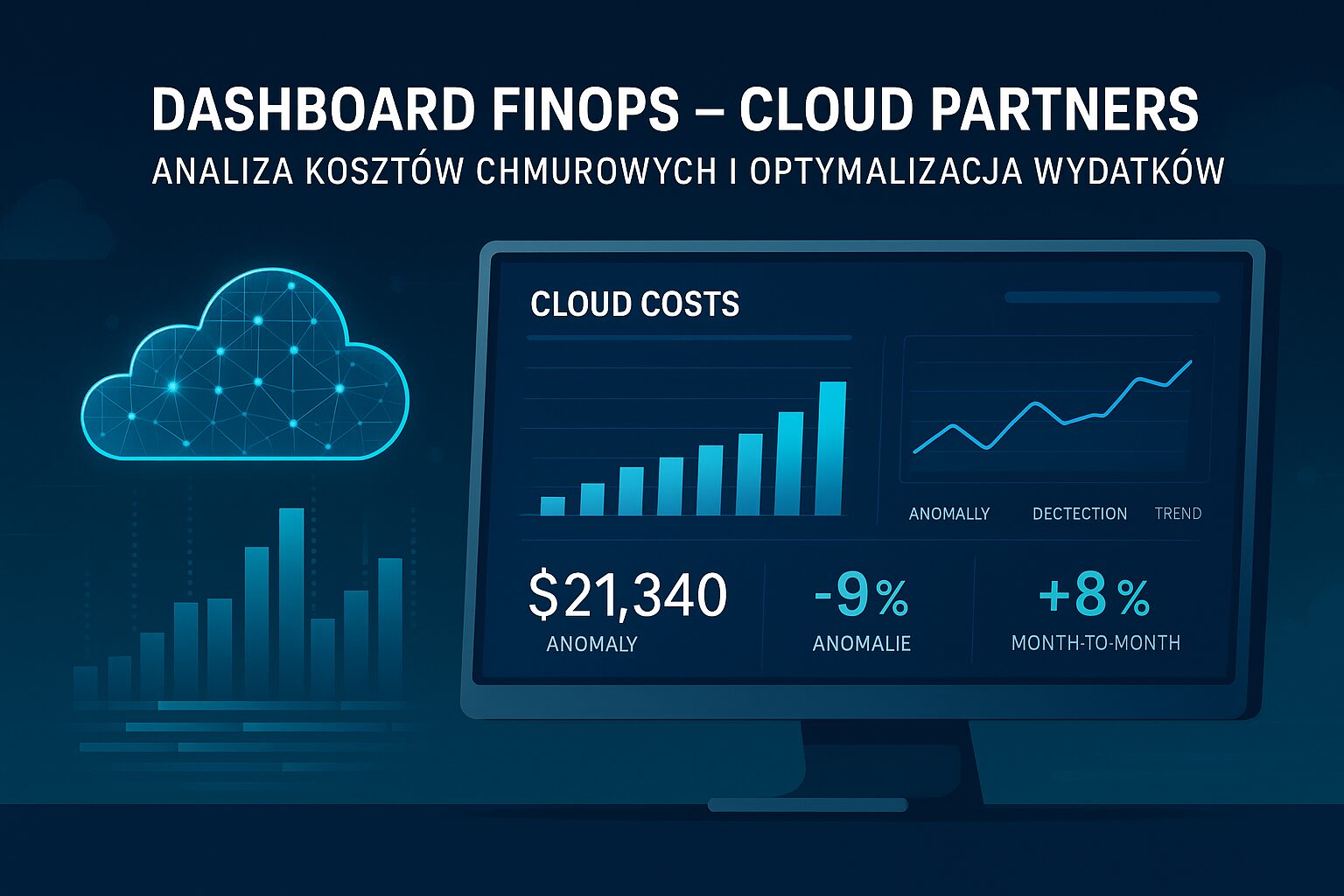 Dashboard FinOps przedstawiający analizę kosztów chmury, wykresy i wskaźniki optymalizacji wydatków.