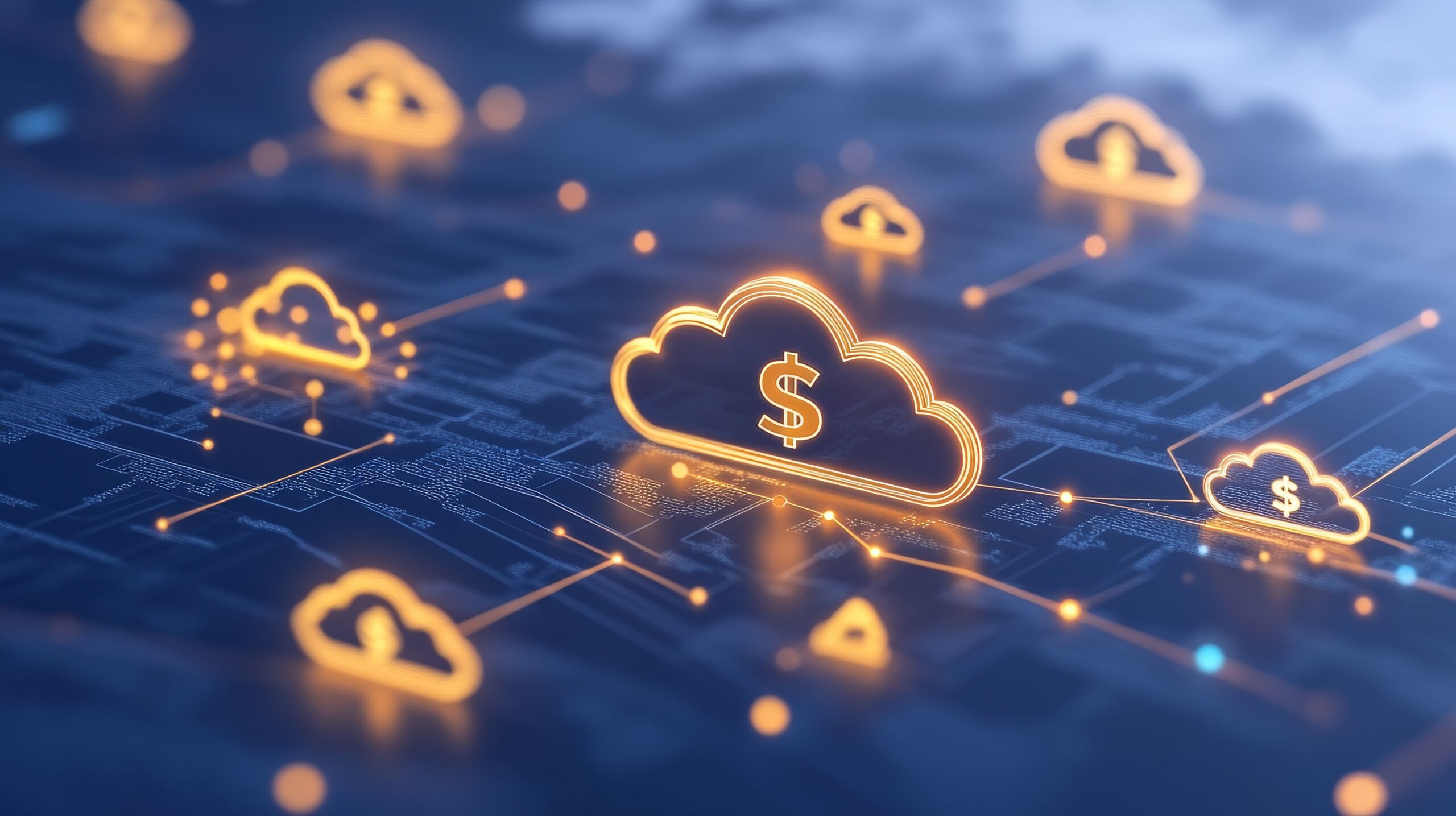 Neonowa ikona chmury z symbolem dolara – wizualizacja zarządzania kosztami chmury FinOps